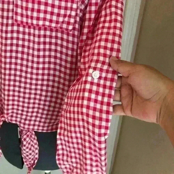 Jones white bright pink fuschia long sleeve plaid top front tie sleeve roll up - Picture 6 of 6